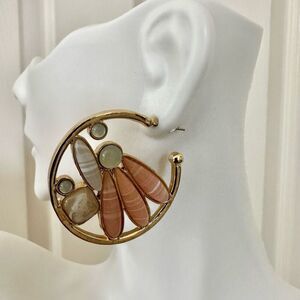 Gold tone peach beaded  circle hoop earrings